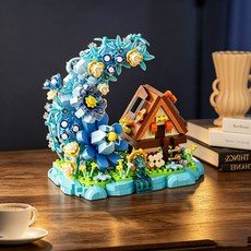 DIY 月亮花屋 兒童積木拼裝建築玩具 畢業季紀念禮物, 1個, 藍色月亮花木屋
