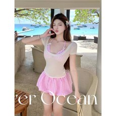 粉色格子少女感可愛純欲風蓬蓬裙海邊沙灘度假分體泳衣比基尼圍裙