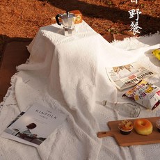 波西米亞法式加厚防潮野餐墊露營地墊, 白色流蘇野餐場景美妝布130.180