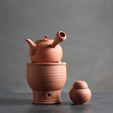 黃樹藩手拉紅泥茶爐小火爐炭爐酒精兩用爐潮州功夫茶具四寶-鼓型款爐惻把手砂銚, 1個, 爐+銚套組