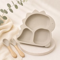 嬰兒矽膠餐具組 新生兒輔食套裝 淺藍4件套, 米白 - 3件套, 1套, 如圖
