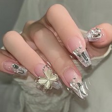 法式珍珠魔鏡指甲貼 穿戴甲 學生美甲片 假指甲貼片成品, 1個, A503#爆閃銀鑽大蝴蝶,穿戴款【膠水+24貼果凍膠+酒精棉+0