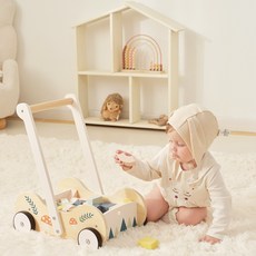 幼兒木質學步收納推車防側翻多功能積木玩具車, 1個, 學步收納小推車:如圖所示