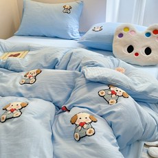 水洗棉印花床包組:韓系毛巾繡多巴胺卡通刺繡,柔軟親膚學生宿舍首選