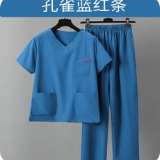 優選 洗手衣長短袖口腔月嫂醫美寵物醫院手術衣刷手服高彈舒適透氣 副廠商品, 1個, V7孔雀藍紅條短袖套裝,4XL, 孔雀藍