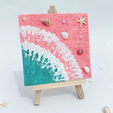 海洋石英砂畫DIY材料包-粉紅沙灘 15x15cm畫布含顏料、貝殼 立體感肌理畫, 1個, 粉紅