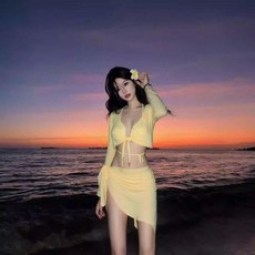 泳衣女 分體長袖防曬渡假比基尼, 黃色,M