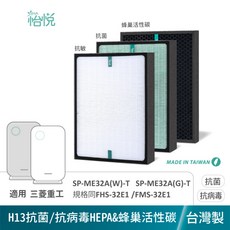 HEPA 濾網 濾心 適用 三菱重工 SP-ME32A FHS-32E1 FMS-32E1 空氣清淨機, 1個, 怡悅抗敏HEPA濾心+蜂巢活性碳濾網
