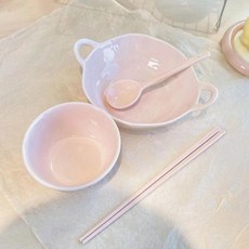 陶瓷雙耳碗一人食4件套裝 (附勺筷), 1個, 粉4件套雙耳湯碗飯碗勺筷
