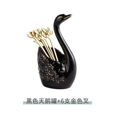 北歐風格天鵝造型水果叉套裝,陶瓷不鏽鋼材質,創意甜點叉, 1個, 黑天鵝金葉6叉