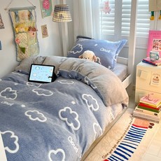 雪花絨可愛卡通學生宿舍三件套, 奶味雲朵,2m牀三件套【被套150*200cm】