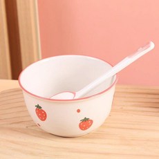 草莓圖案碗勺套組 可愛卡通 陶瓷材質, 1個, 草莓1碗1勺虧本促銷