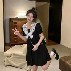 法式複古小黑裙蕾絲拼接娃娃領連衣裙女夏遮肚子大碼胖mm裙子, 1個, 短款小黑裙 (優質款),2XL (建議65.0-72.5kg3