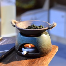 日式粗陶 蠟燭烘茶爐 復古烤茶爐 陶瓷茶葉提香器 功夫茶具, 1個, 影綠圓形爐+粗陶外耳提香器