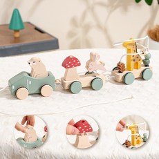 嬰幼兒童益智動物造型積木小火車寶寶早教拉繩推拉三節車玩具, 1個, 森林款:如圖所示