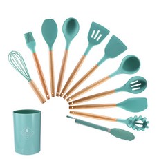 矽膠木柄12件套廚具, 深綠色, 1個