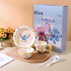 史迪仔陶瓷碗盤勺套裝,婚慶家用喬遷伴手禮, 1個, 【史迪奇】【一人食】餐具五件套-禮盒裝