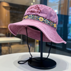 水洗棉手工刺繡織帶防曬漁夫帽 登山戶外旅遊露營適用, 酒紅色, 8cm帽檐