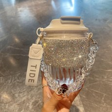 輕奢鑲鑽鏈條手提咖啡杯, 1個, XZ9093鑲鑽鏈條手提直飲盃, 鑲鑽鏈條手提直飲盃