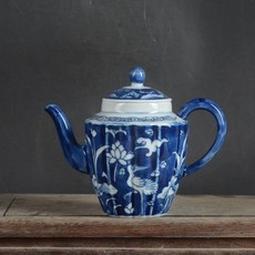 手繪青花仙鶴瓜棱壺 茶壺, 如圖所示