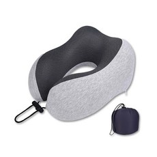 U型頸枕 午睡枕 慢回彈記憶棉枕芯 附收納袋 (櫻花粉) 旅行辦公室護頸枕, 全棉-淺灰色