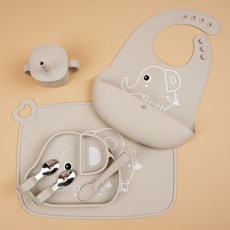 ZOXL 矽膠兒童餐盤套裝 芥末綠7件套, 暖灰色7件套, 1套, 四方餐墊,飯兜,餐盤,金屬叉勺,長勺,水杯