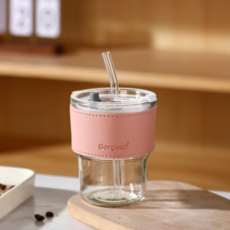 Gorgous 玻璃吸管杯 附皮套, 1, 粉色杯套+透明杯子+吸管, 400ml