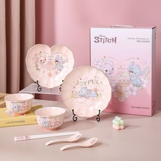 史迪奇安妮卡通可愛陶瓷碗盤勺套裝 輕奢餐具禮盒, 1個, 【禮盒裝】輕奢元信史迪仔二人食