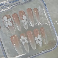 手工裸色美甲立體捏捏冰花碎鑽穿戴甲杏仁型顯白成品, 立體大冰花, L碼 凌洛