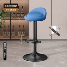 輕奢吧檯椅家用升降椅 炭黑烤漆 麻布棕色座面, 烤漆款 - 高款 - 麻布藍色, 1個