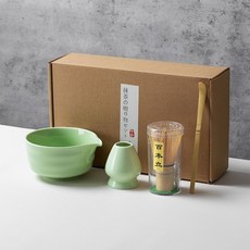 日式抹茶四件套 抹茶碗 抹茶搅拌器, 1套, 青梅綠條紋碗4件套