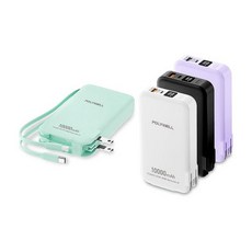 POLYWELL 20W 牆插式行動電源 10000mAh 自帶線 數位電量顯示, 白色, ADS016-01