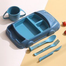兒童汽車造型分格餐盤附杯組, 深藍 彩盒裝, 1套, 含杯和組合刀叉勺