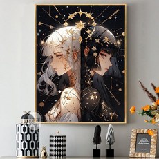 雙子座女孩 DIY數字油畫 擬人動漫 手繪填色 油彩畫, 1個, 205165,30x40cm畫布+顏料+畫筆丨無框