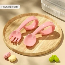 奈菲爾 寶寶學吃飯訓練勺 學步期彎頭輔食感溫勺 兒童叉勺餐具, 普通款 初荷粉 贈收納盒, 1個
