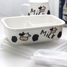 陶瓷分格飯盒 可愛奶牛餐盒, 1個, 單個飯盒,奶牛分格飯盒(含四面扣蓋), 奶牛