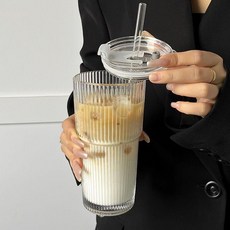 玻璃杯 大容量帶蓋條紋吸管杯, 1個, 條紋玻璃杯+玻璃吸管+透明蓋子