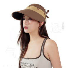 夏季女款大帽檐空頂遮陽帽 草編拼接防曬UPF50+, 咖色