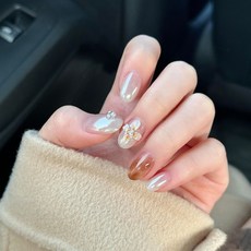 海莉雕花ins風純手工穿戴甲短款精品顯白氣質美甲假指甲貼片, 奶鹽焦糖 新短橢圓, XS