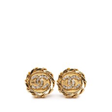 샤넬 중고 1980-1990 CC 골드 도금 라인스톤 라운드 클립온 코스튬 이어링