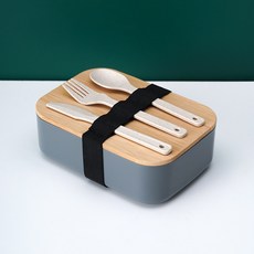 小麥秸稈雙層飯盒日式木蓋便當盒學生上班族保溫飯盒帶餐具午餐盒, 1個, 單層飯盒-灰色