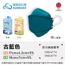 順易利魚型立體醫用口罩 - 台灣製/幼童口罩 立體設計 符合CNS14774/CNS14775 ISO13485, 1個, 4D【古藍色10入】,兒童