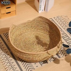 DFMEI 藤編貓窩四季通用貓抓板寵物窩可拆洗草編寵物貓貓咪用品, 1個, 貓臉卡其色窩