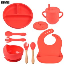 DFMEI 寶寶餐盤分格盤 嬰兒吸盤食品級硅膠碗餐具套裝 兒童輔食硅膠餐盤, 1個, 小吸盤餐盤+硅膠碗+口水兜+愛心水杯+零食杯蓋+木柄勺叉+硅