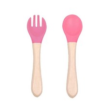 寶寶木柄硅膠叉子勺子學習吃飯輔食嬰幼兒兒童訓練餐具食品級環保熱賣中, 玫紅色, 1個