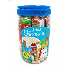 CIAO 啾嚕肉泥 50入 桶裝 貓零食 鮪魚 雞肉 海鮮, 1個, CIAO啾嚕肉泥桶裝-海鮮綜合 藍, 鮪魚, 雞肉, 海鮮
