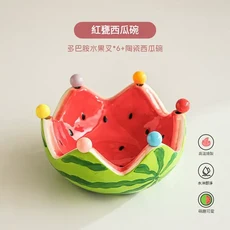 隋然 花朵造型陶瓷果碗附不鏽鋼水果叉組, 紅 西瓜碗 短款PS多巴胺果叉X6支, 1個