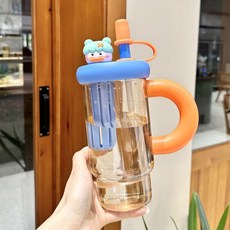 卡通吸管杯 帶茶倉 大容量 可攜式 水杯, 藍色-899ml,標配, 1個