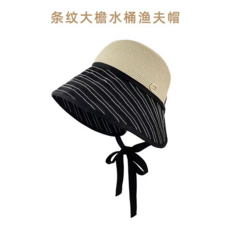 條紋綁帶大帽檐草編漁夫帽, 黑色條紋-條紋草頭漁夫裡布, 可調節