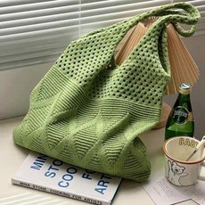 簡約鏤空針織毛線托特包 文藝編織單肩手提布袋